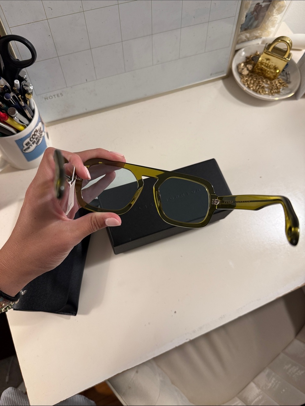 Eliza Johnson Olive Green Women's Sunglasses - Modern Geometric Frame - Picture 4 of 8